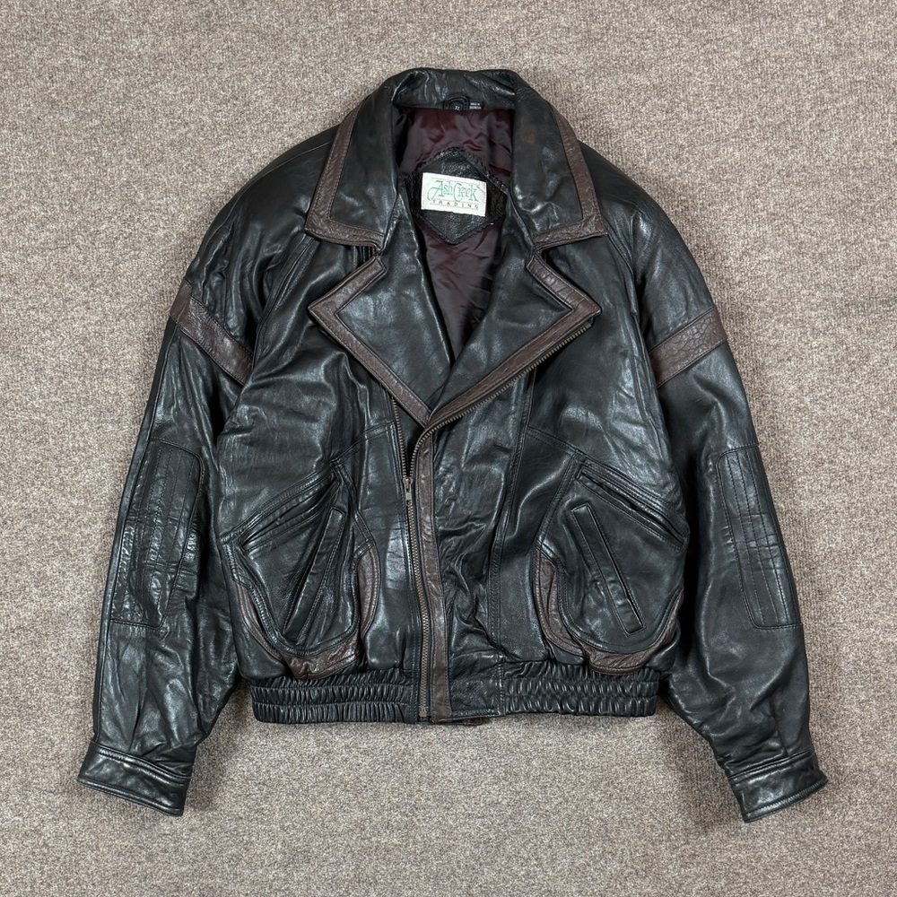 Vintage Ash Creek Black Genuine Leather Bomber Jacket Mens XL Brown Trim 90s Y2K